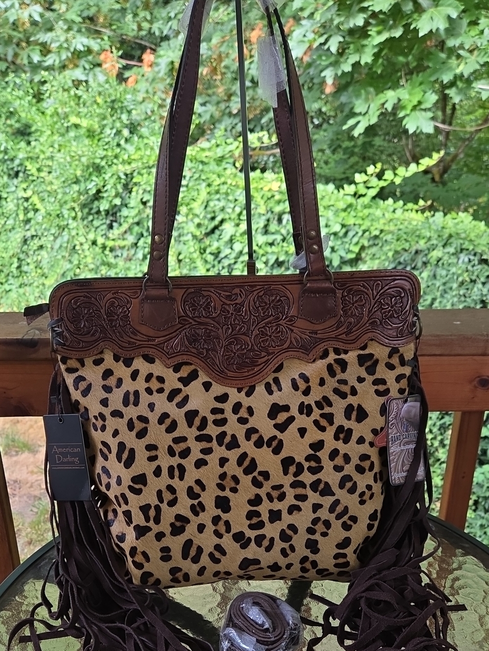 NWT  American Darling Leopard Fringe Tooled Large Bag